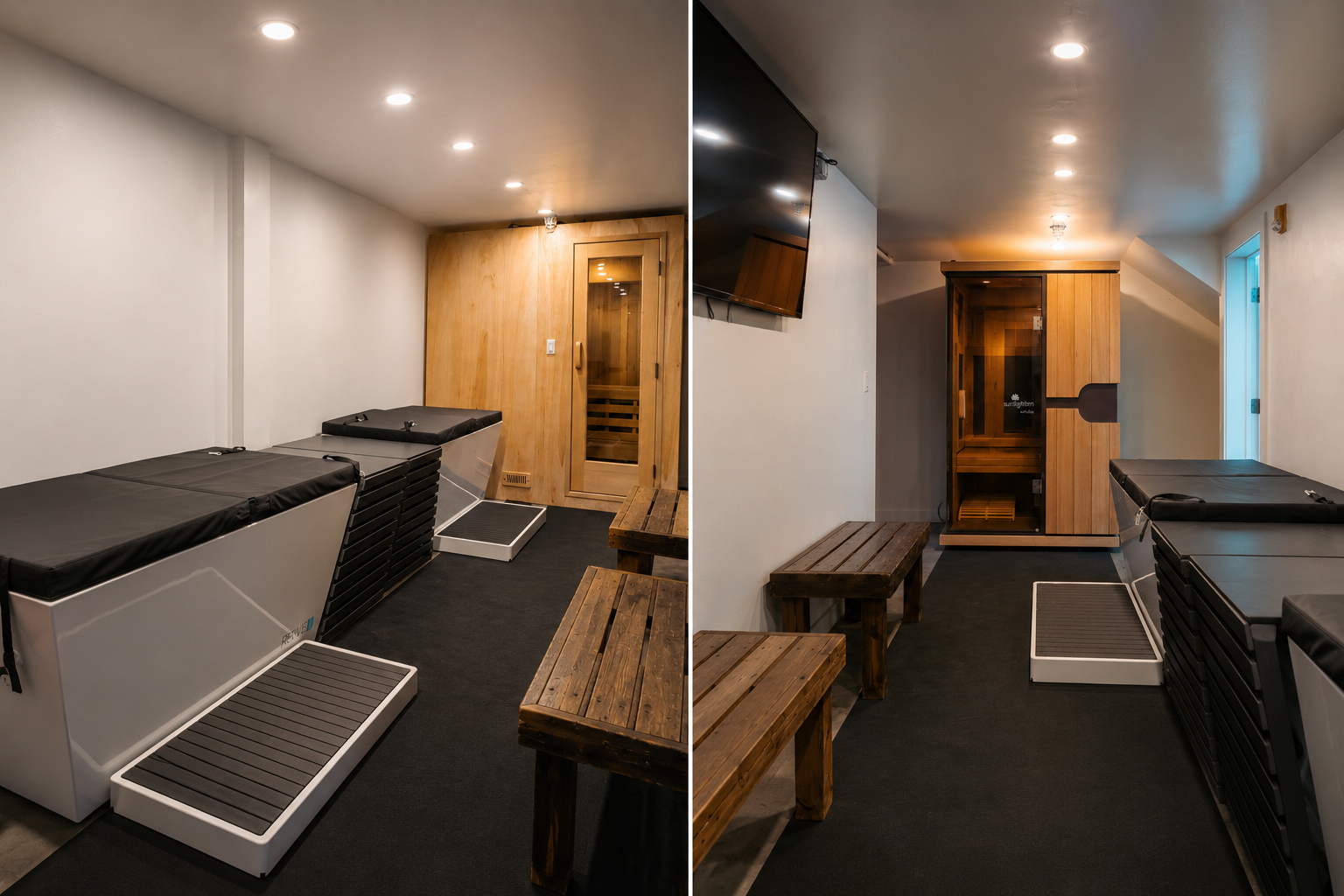 Cold plunge tubs, wooden benches, and infrared sauna in the Recovery Zone at API in Hailey, ID